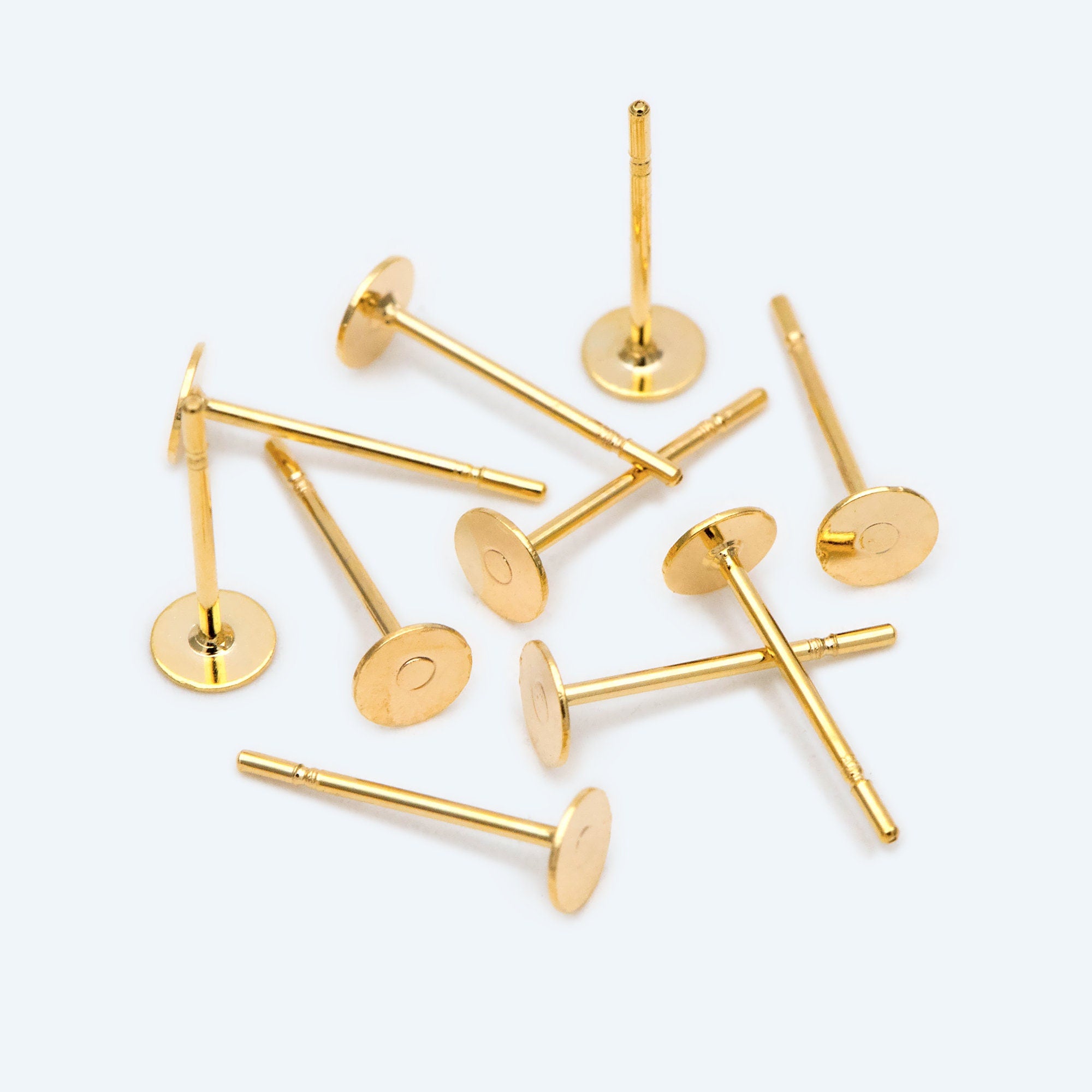20pcs Gold Flat Ear Posts, 18K Real Gold plated Brass, Stud Earring Findings, 4/ 5/ 6/ 8mm Flat Pad (GB-2264)